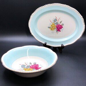 Vintage WOOD & SONS England Blue Band Floral Dinnerware Service Bowl and Dish